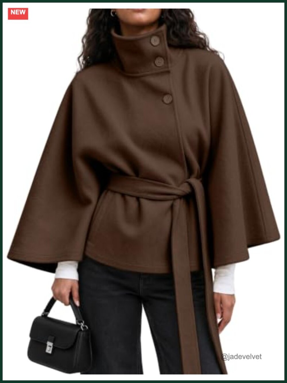 Women's Wool Blend Batwing Sleeve Poncho Cape Pea Coat Button Winter